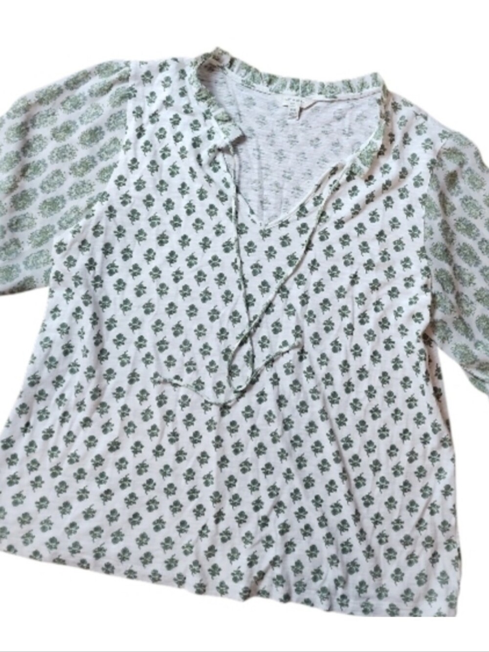 LUCKY BRAND | Green White Ditsy Floral Ruffle Tie Neck Mixed Fabric Top |‎ M - Picture 10 of 10